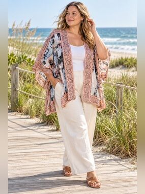 Tolani Open-Front Kimono Cardigan Women's 3X Lightweight Beachy Boho Festival